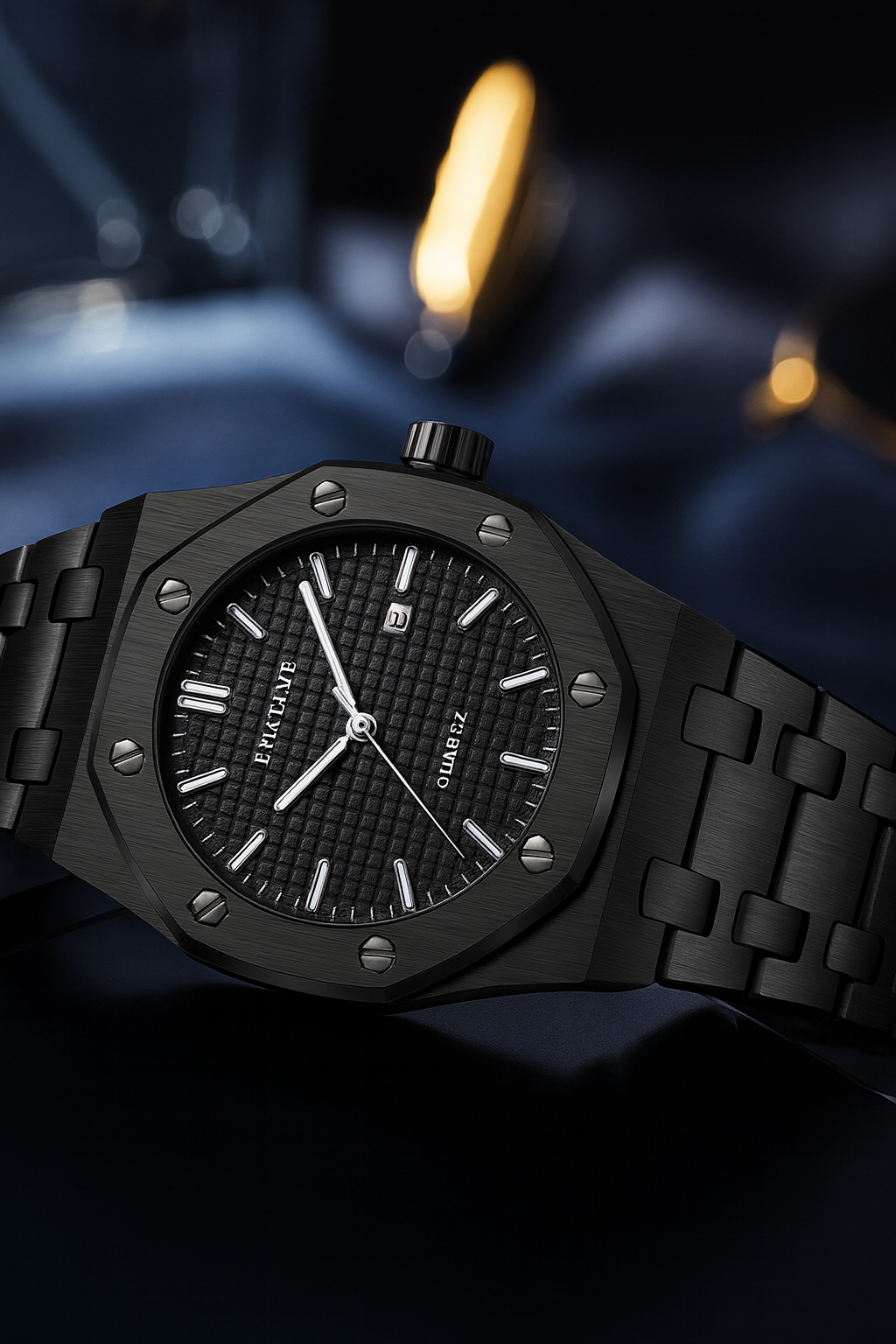 PIN TIME Black Octagon Quartz Watch – Integrated Steel Bracelet | ساعة كوارتز سوداء بإطار مثمّن وسوار معدني مدمج