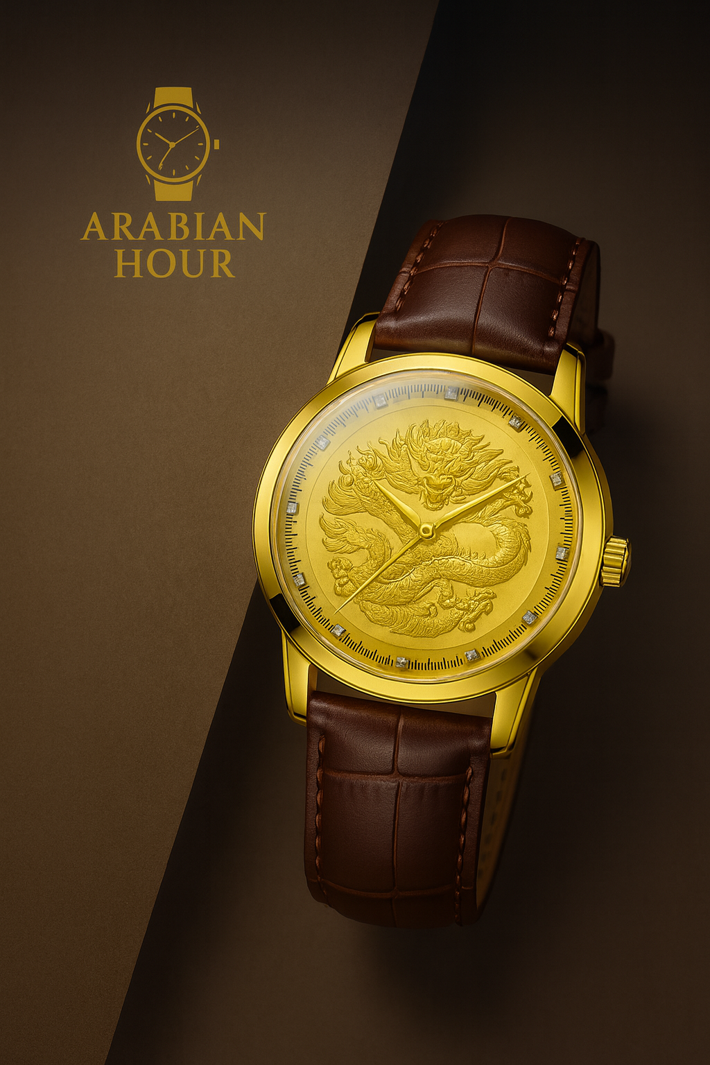 Men’s Gold Dragon Dial Quartz Watch – Leather Strap Business Gift Set | ساعة رجالية كوارتز بميناء تنين ذهبي — حزام جلد وطقم أعمال