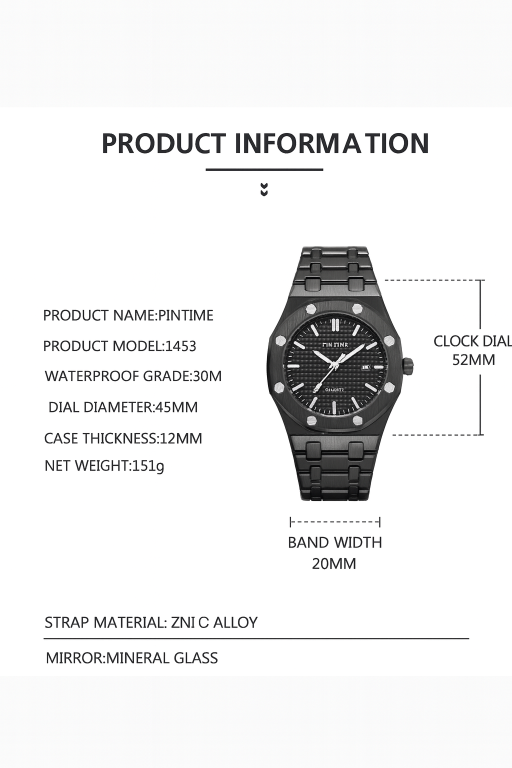 PIN TIME Black Octagon Quartz Watch – Integrated Steel Bracelet | ساعة كوارتز سوداء بإطار مثمّن وسوار معدني مدمج