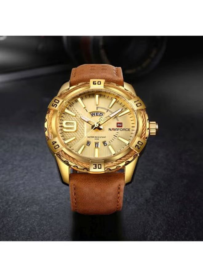 NAVIFORCE Gold Stainless-Steel Quartz Watch for Men | ساعة نافيفورس ذهبية للرجال بسوار ستانلس