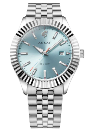 Assaf Combo – FRANKEL Aventus Perfume + Stainless-Steel Watch (Ice-Blue Dial) | طقم أساف — عطر فرانكل أفنتوس + ساعة ستانلس بميناء أزرق ثلجي