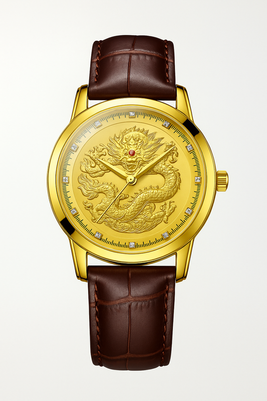Men’s Gold Dragon Dial Quartz Watch – Leather Strap Business Gift Set | ساعة رجالية كوارتز بميناء تنين ذهبي — حزام جلد وطقم أعمال