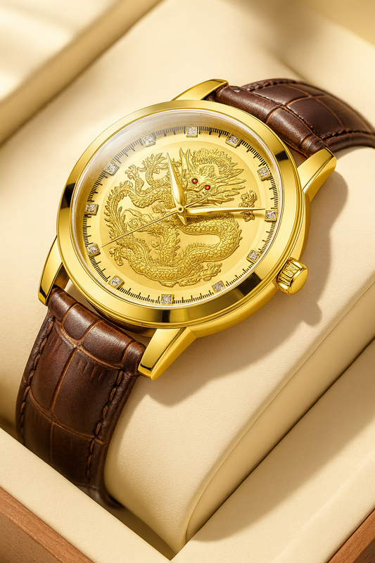 Men’s Gold Dragon Dial Quartz Watch – Leather Strap Business Gift Set | ساعة رجالية كوارتز بميناء تنين ذهبي — حزام جلد وطقم أعمال