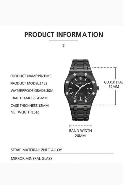 PIN TIME Black Octagon Quartz Watch – Integrated Steel Bracelet | ساعة كوارتز سوداء بإطار مثمّن وسوار معدني مدمج