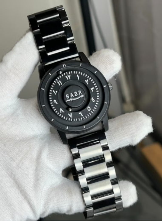 SABR Arabic Calligraphy Watch – Black & White | ساعة “صبر” بخط عربي — أسود بنص أبيض