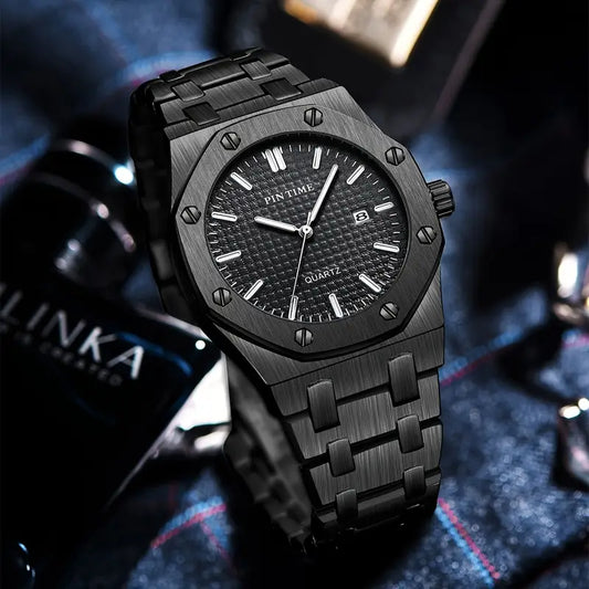 PIN TIME Black Octagon Quartz Watch – Integrated Steel Bracelet | ساعة كوارتز سوداء بإطار مثمّن وسوار معدني مدمج