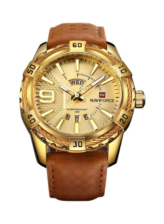NAVIFORCE Gold Stainless-Steel Quartz Watch for Men | ساعة نافيفورس ذهبية للرجال بسوار ستانلس