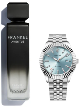Assaf Combo – FRANKEL Aventus Perfume + Stainless-Steel Watch (Ice-Blue Dial) | طقم أساف — عطر فرانكل أفنتوس + ساعة ستانلس بميناء أزرق ثلجي
