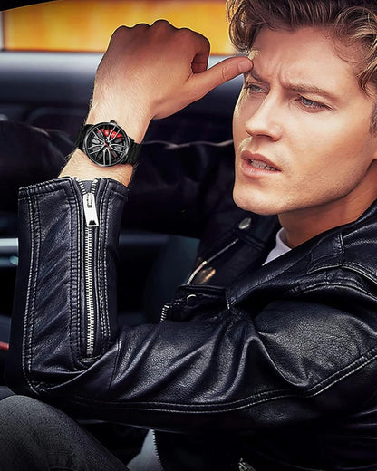 Men's Creative 3D Car Wheel Rotating Wrist Watch | ساعة يد رجالية بتصميم عجلة سيارة ثلاثية الأبعاد دوارة